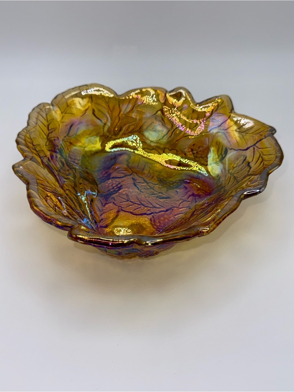 Vintage Indiana Glass Iridescent Amber Candy Leaf Bowl